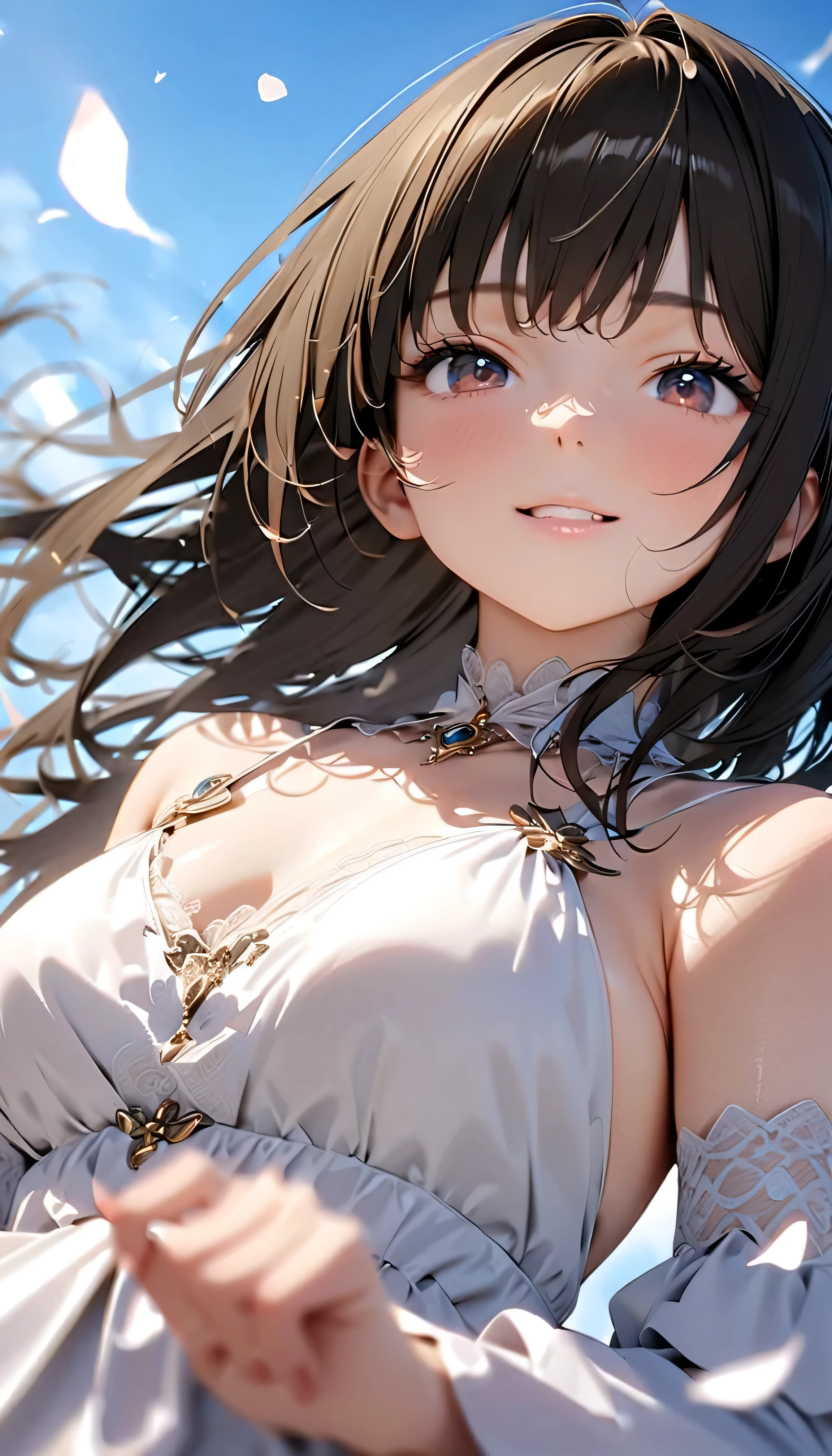 (Highest Quality:1.2, 非常にdetailsな, newest, Highest Quality, Best Aesthetics), 8K Ultra HD, 非常にdetailsな, details, bold configuration, (perfect human structure), beautiful and very delicate texture, (masterpiece:1.2, Highest Quality, Best Aesthetics, wind), (white petals dance:1.2, fantastic blue sky background:1.4), (shallow depth of field:2), windでwhite petals dance, delicate and dynamic, (Light reflection:1.2), (Halation of light:1.2), Romantic and sweet style, コンセプトアートwind, Blessed Virgin Mary white dress, bright light, Beautiful World, New World, accurate, dynamic angle, angel, 1 woman, upper body shot, black hair, , dark eyes, young, short, textured skin, shiny skin, charming smile, Girl Beauty , Miraculous Beauty Symbol, ((( white dress with lavish embellishments:1.2))), 2.5d, realistic