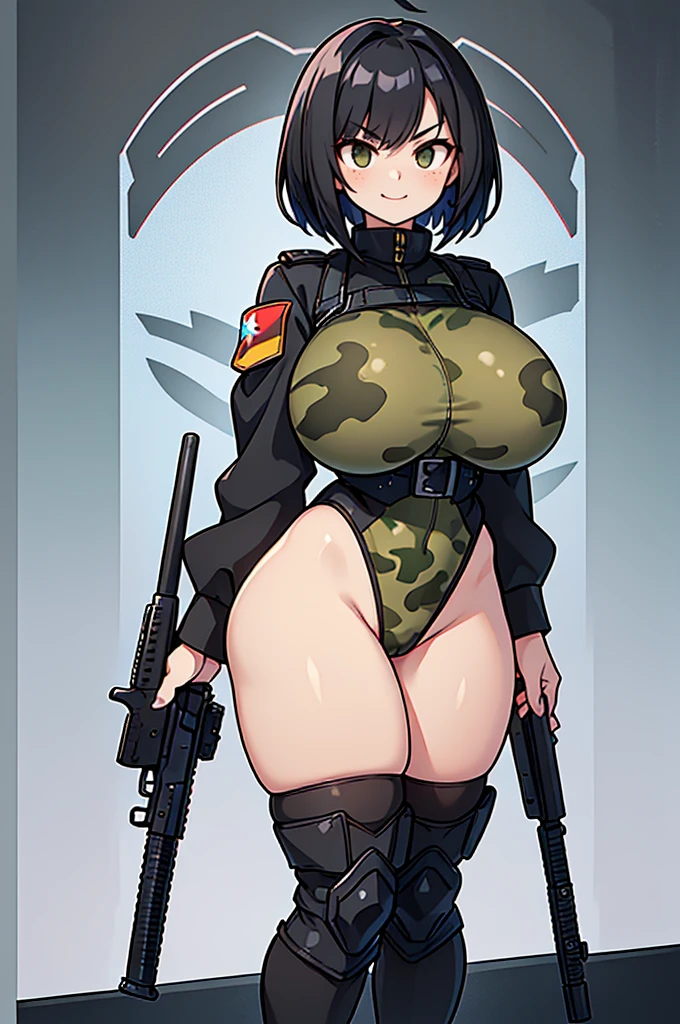 young girl, Pullover, whole body to see, short hair, (( very wide hips)), (((colossal Thighs, gigantic thighs, very huge thighs, very big thighs))), fullbody, high platform heels, soldier girl, Fit girl, ABS, high cut leotard, Cyberpunk, angry smile, holding gun, Battle, bangs, Bob cut hair,