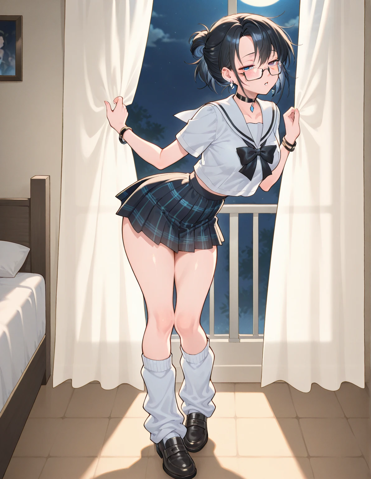 masterpiece, best quality, high quality, beautiful anime character, solo, anime girl with dark blue hair, messy hair, medium length hair, (huge long ponytail, ponytail), blue eyes, elf ears, slightly big breasts, mature female, tall female, big girl, thick, (shy, calming face, blush, light smile, loving eyes), outdoors, ((sailor uniform, ribbon, short pleated skirt)), showing rear, slim thick, short medium hair, short sleeves, round glasses, legs, navel, (from below view, from below, panties peeking, white panties)