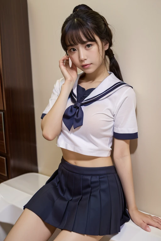 (masterpiece), high school girl,, After, floral lace diaper cover, Natural light, realistic, camel toe, diffused light, Depth of the bounds written, sailor suit, vapor, (lift skirt), (urination), lively