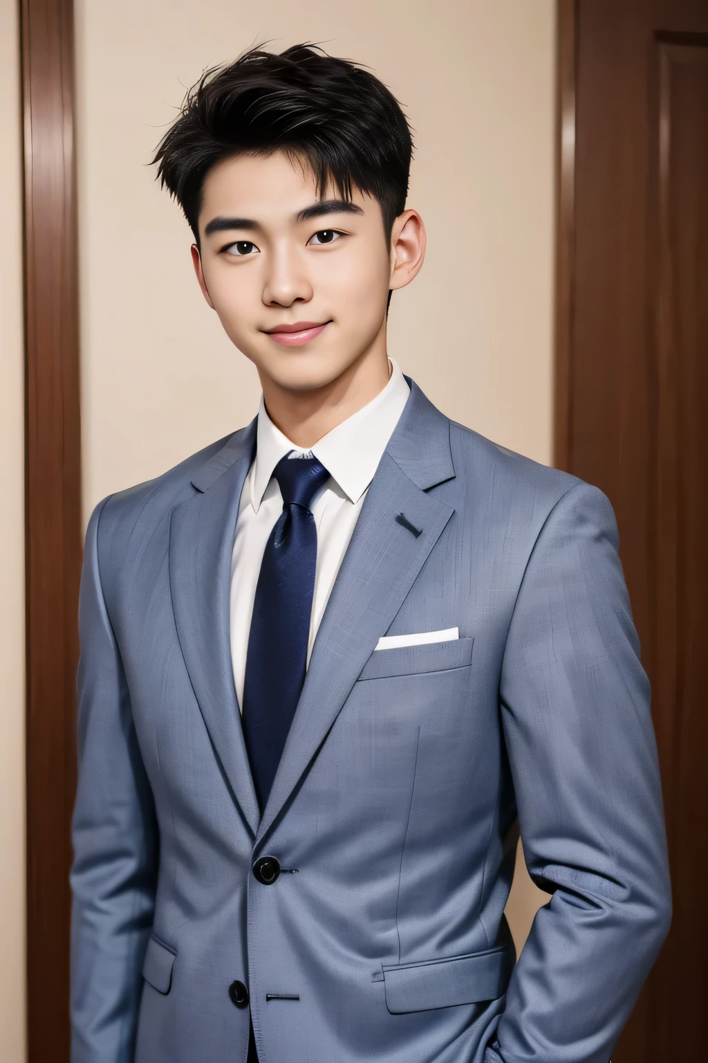 18-year-old male、Japanese、handsome、macho、suits、Short Hair、facing the front、smile