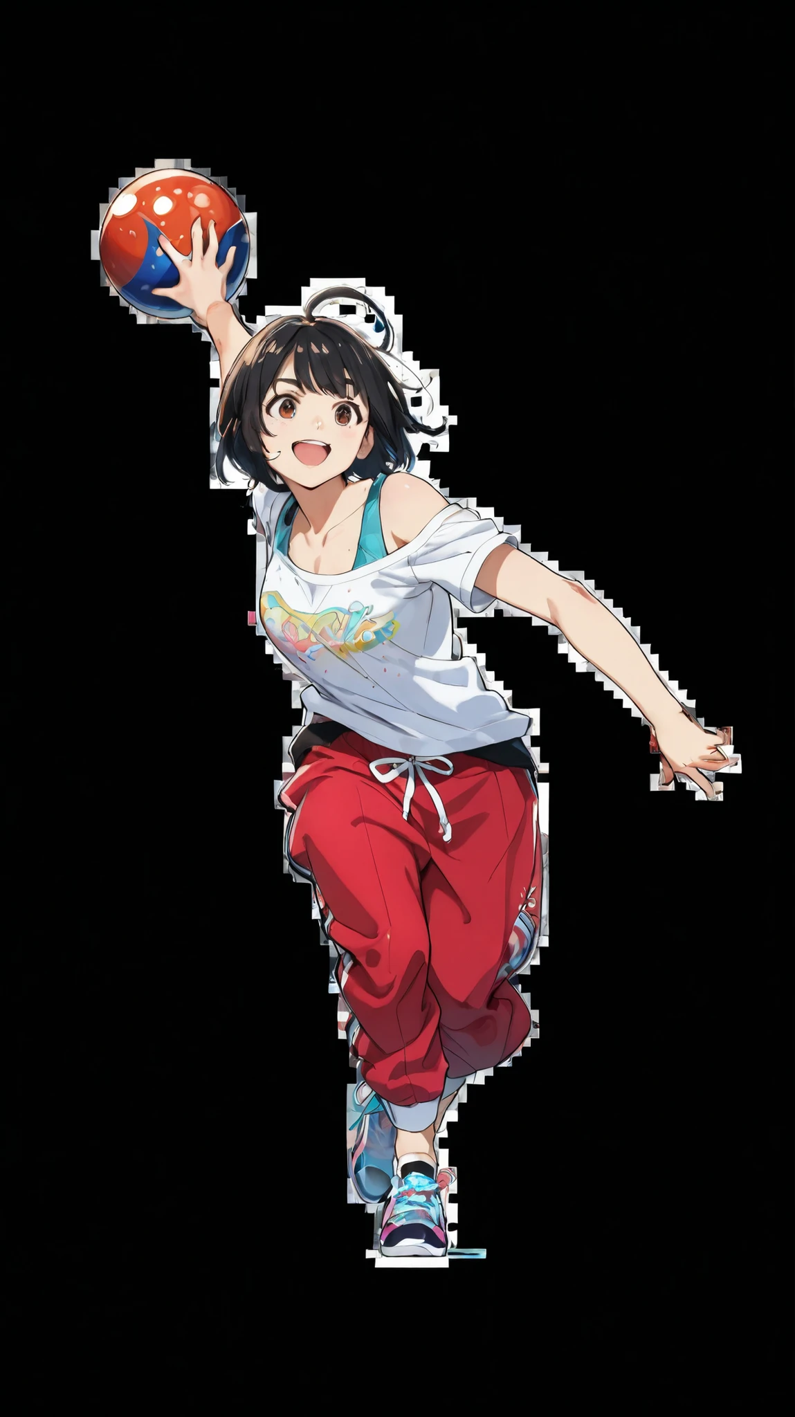 (Highest Quality, ULTRA DETAIL:1.2), white drop shoulder and pink sweatpants for women, aquablue innerwear、cute thick eyebrows, brown eyes with fine details, cute smile, complicated details, shape, masterpiece, Highly Detailed CG Unity 8k Wallpaper, high definition, backlit, black hair, pink mesh, (woman in drop shoulders and sweatpants throwing a bowling ball), bowling form, aqua blue shiny ball, Background Transparent, Front, Japanese Anime, watercolor, png, 3 holes in the ball、colorful sneakers、1 ball、Bowling Pins、detailed contours、Light color、Face-sized balls、Throw it with your right hand、full body、no background、下着の透けたシャツ、元気な女の子、カラフルなテキストのシャツ、アクアブルーのインナー、飛び散る汗、