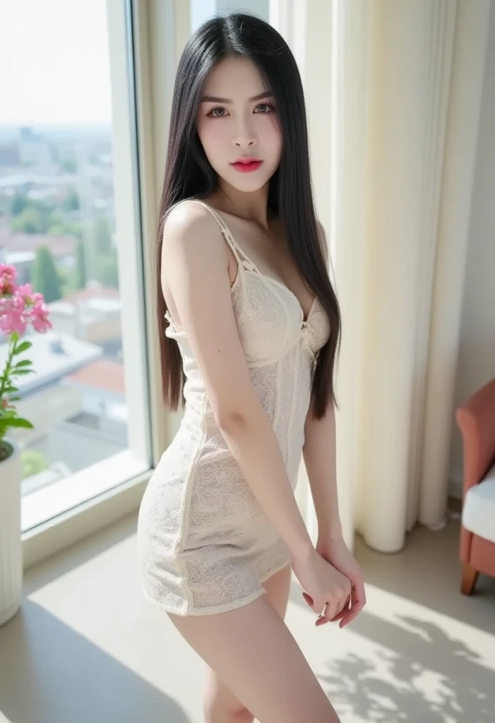 ((Highest quality, 8K, masterpiece: 1.3)), 1 Female, The beauty of slim abs: 1.3, (Hairstyle Casual, Big ample breasts: 1.2), Wet Skin, Ultra-fine face, Detailed eyes, double eyelid, smile, Formal shirt, Exposing cleavage, gigantic breasts: 1.3, cleavage: 1.3, Armpits,Leaning,forward, Black Hair,Tight bare legs, Full body description,White skin,mini skirt: 1.3,Girl with perfect body,Long Hair,Inside the room
