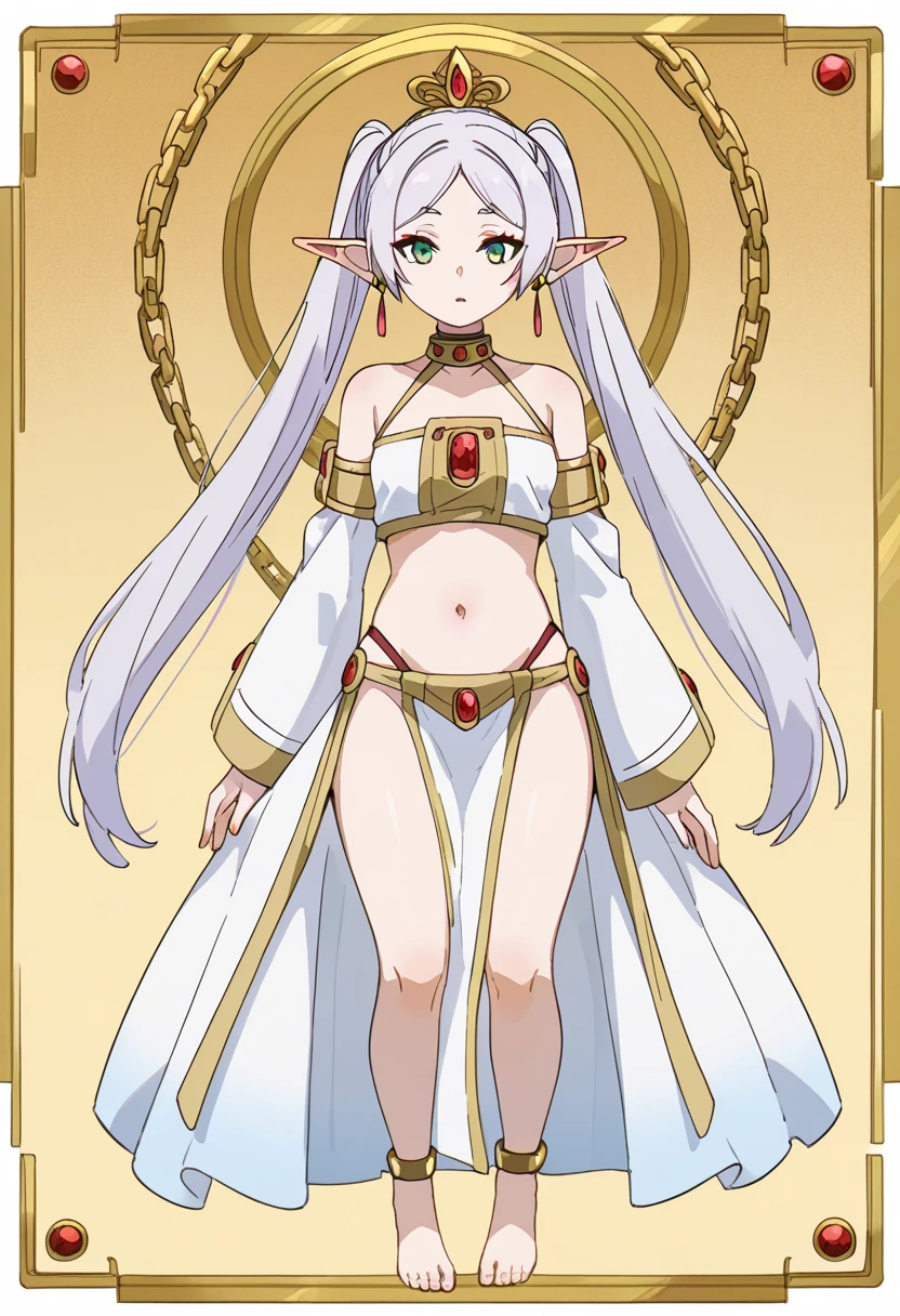 Beautiful RED-haired girl wearing an elaborate Egyptian queen costume, long bangs with eyes visible behind the bangs, sexy white Egyptian dress with colored striped fabric edges, beautiful slender thighs, full body view, long blonde hair, blue eyes, in the style of an Egyptian , white background, photorealistic, 8k, high quality, detailed, bright colors, dramatic lighting, wearing high gold shoes, cute face clearly visible, slim body, standing upright pose, both hands free pose, smiling, Egyptian queen dress Perfect match long soft white shawl and gold bracelet, long red hair perfectly straight, plain Egyptian queen dress without any accessories, wearing a gold crown like pointed gold cat ears.