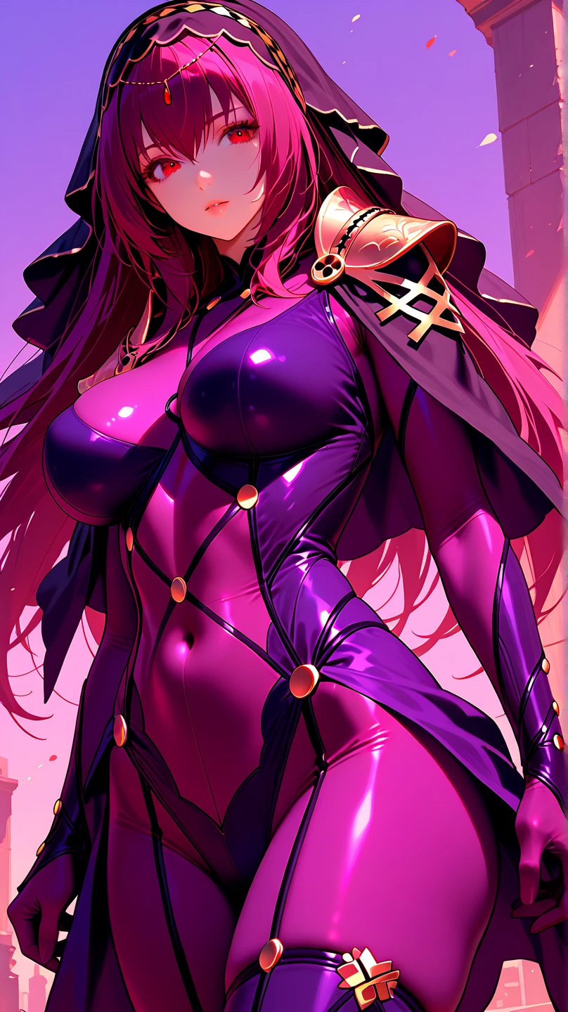 masterpiece, best quality, ultra-detailed, glistening shiny, glowing light, ray tracing, HDR, deph of field, (perfect face, detailed face), <lora:KayaBlanche:0.7>, kayablanche, purple eyes, low-tied long hair, ponytail, facial mark, black bodysuit, elbow gloves, center opening, cleavage, hip vent, (thigh cutout:1.2), navel, standing, outdoors