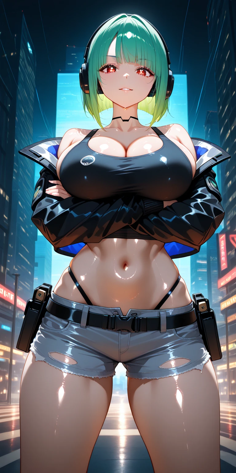 mixed_artwork style, cleavage, sweaty, 1 girl, standing alone, hands, (Better quality, 4k, Masterpiece :1.3), beautiful, hyper realistic, 1girl, attractive body :1.2, abs :1.1, (wet body :1.2), ultra-detailed face, Detailed Lips, detailed, Robotic arms, spotted body, defined body, black eyes, black and yellow eyeballs, Black tattoo, Yellow electricity through the arm, Long yellow hair, neck  long black tattoo, cyborg, fighter, sweaty body, Fighter outfit, cyberpunk style, Wide hips, strong legs , military pants, neon short jacket, Fighting Pose,