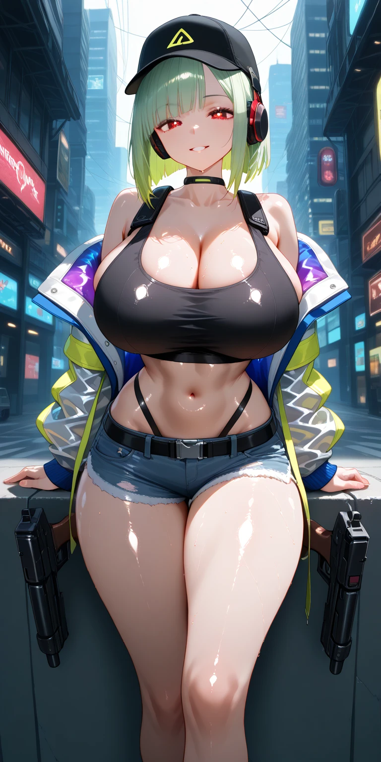 Giantess in a short dress, GTS City of the Year 3000, Residential area building, Smoke rises violently, cloud, tornado, light, Realistic lighting, Under, Very large breasts bigger than a face, Tokyo destroyed by obscene bodies