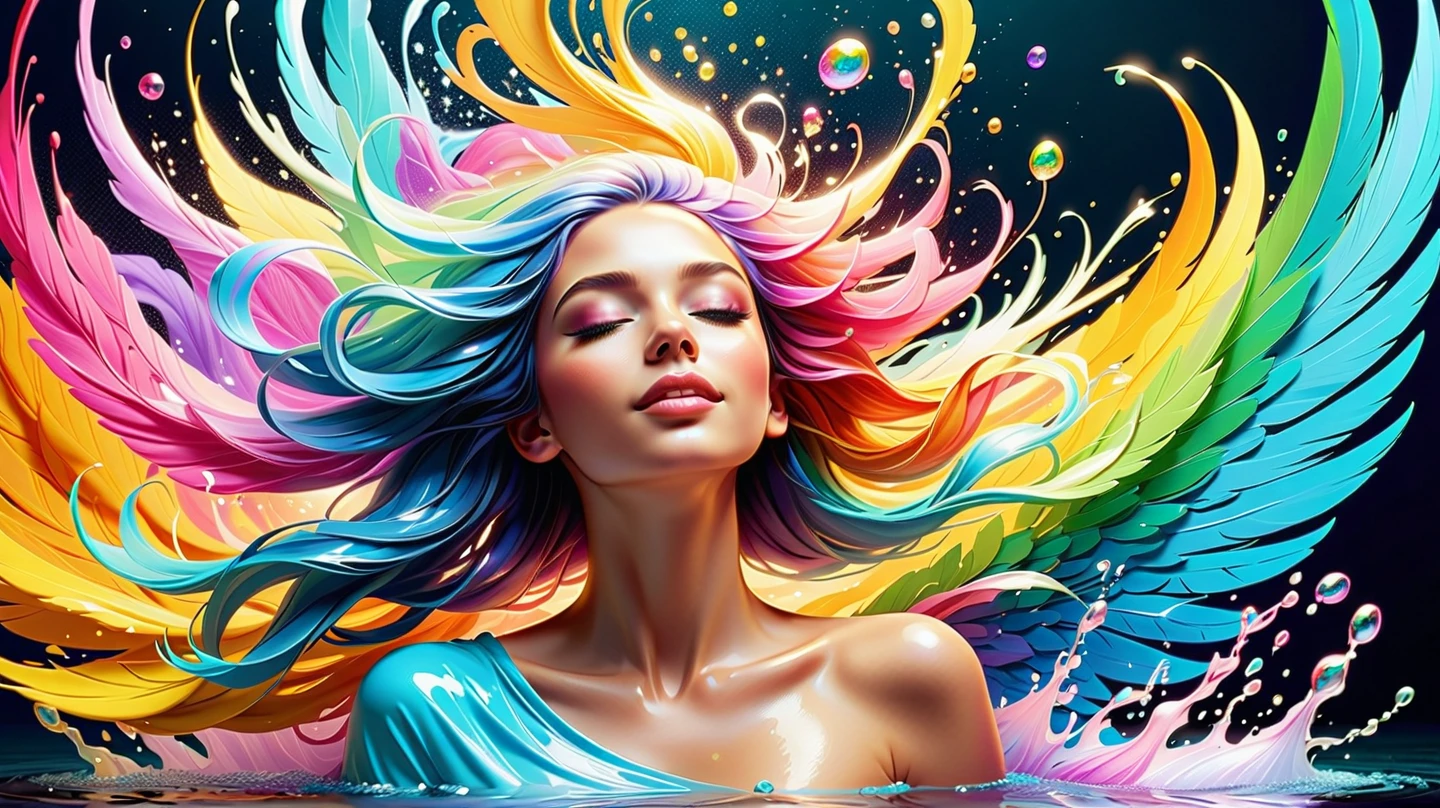 (level difference:1.8),(The paint collides and splashes onto the canvas),(depth of field),(flat color:1.1,(theme)),1 girl,poster,Full body female love,Strong wind,dense smoke,,(Liquid dye for rainbow-colored hair:1.1) Made of paint,anti-gravity,thick viscous liquid,(paint splatter:1.3),liquidity,stunningly beautiful, masterpiece, Detailed background,Super high quality model, ethereal background,abstract beauty, volume, painting,puff,romantic lighting,subsurface scattering,glow,8k,high resolution, excellent,Ray tracing,human development report,divinelight,