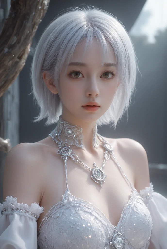 cool,1 girl,jewelry,colorful hair,silver hair,white hair,alone,necklace,short hair,Upper body,earrings,red lips,look away,bare shoulders,look to the side,cosmetic,lipstick,, best quality , masterpiece, illustration, extremely delicate and beautiful, Very detailed ,CG,Unite,8k wallpaper, Astonishing, fine details, masterpiece, best quality,official art,Very detailed CG Unite 8k wallpaper,Ridiculous, incredibly Ridiculous, File size is huge , Super detailed, high resolution, Very detailed,Beautiful and delicate girl, Very detailed eyes and face, Beautiful and delicate eyes,There is light on the face,