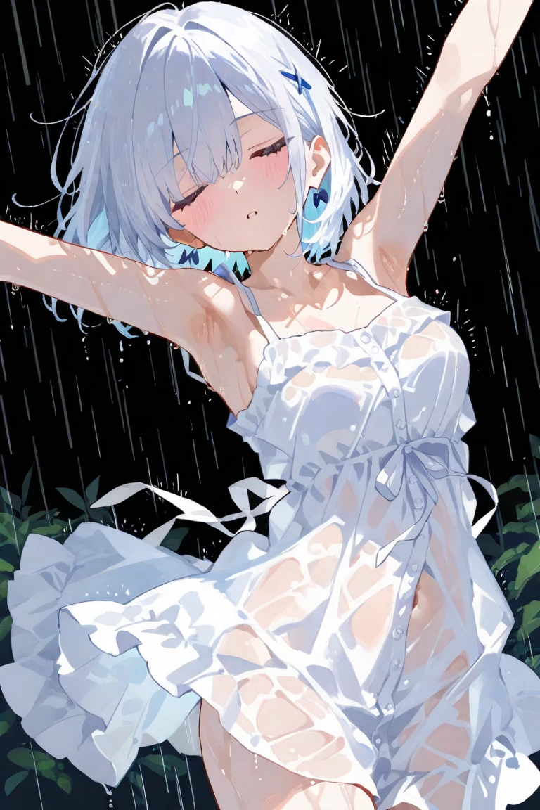 ((best quality, 8k, masterpiece:1.3)), focus: 1.2, perfect body beautiful: 1.4, buttocks: 1.2, ((layered hairstyle, breast: 1.2)), (wet clothes: 1.1), (rain, street:1.3), tube top dress: 1.1, Highly detailed facial and skin textures, beautiful eyes, double eyelids, whiten skin, long hair, (shut up: 1.3), Smile