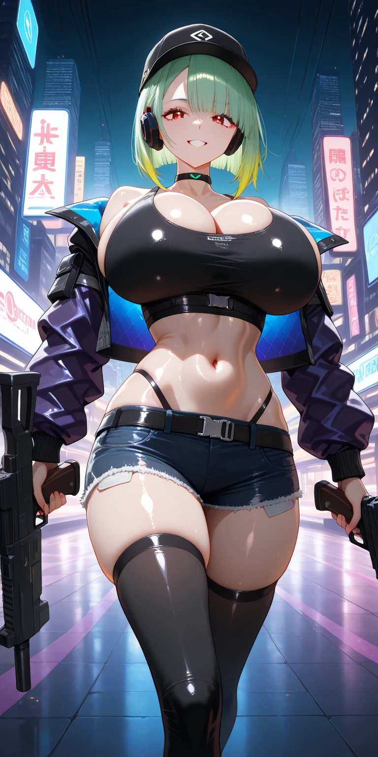 (masterpiece), (best quality), super detailed, actual, (actual), 8k, (clear focus)
1 girl, pretty face, asymmetrical hair, high ponytail,multi color hair, belt, tights, The sleeves are separated, gray eyes, Buttock slit, open jacket, Sexy, night city, neon lights, Face-to-face audience,rain,huge breasts,Perfect waist curve,The ass is so big,Holding a huge mace,female thug,One hand holds a huge baseball bat,Baseball bat as tall as girl,baseball bat on shoulder