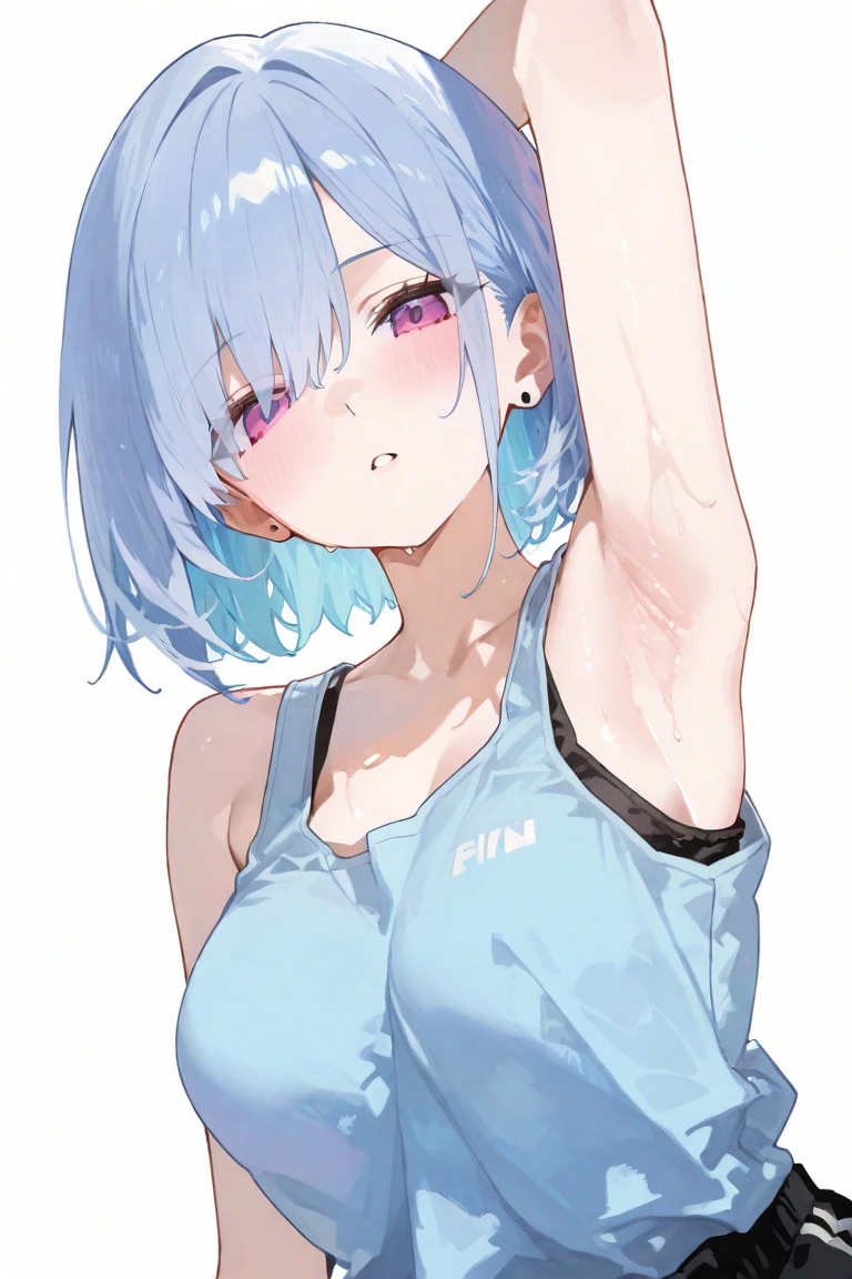 (Sweat, White skin:1.5、Grey sports bra)Surreal Japanese Portraits,, Ron Mueck, Richard Estes, Marilyn Minter、Purple and blue gradation eyes enveloped in the mystery of the universe,、Perfect lighting, (Perfect hands, Perfect ???????)、whole body(1:2)、(White skin:1.5、Muscular arms)、Excellent style,Complete body balance、Dynamic Acid Pose(1:2)、(16:Specializing in aspect ratio 9)、Plump body