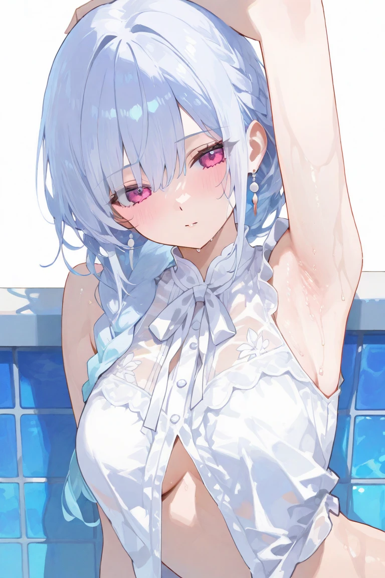 Random pose、Random swimsuit appearance、Sexy swimsuit、NFSW、Random pose、Polka dot bikini、Polka dot bikini、Light silver hair、Semi-long hair、Random pose、Ocean、Sandy Beach、Blushing、Embarrassed expression、、Pale purple eyes、、Blushing、lipstick、Perfect hands、Detailed hands、Wet、