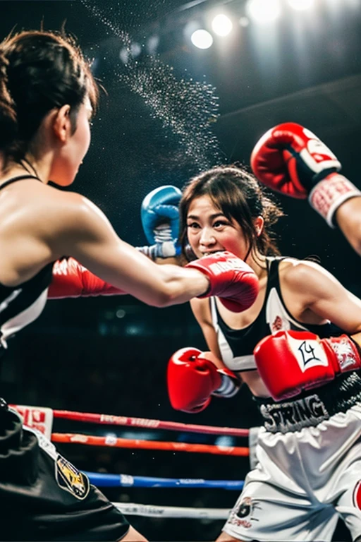 beautiful woman, superiority, office lady, tight skirt, light brown hair, boxing globe, punch attack to viewer, sweat, smirk, open mouth, POV, wrestling ring, spotlight