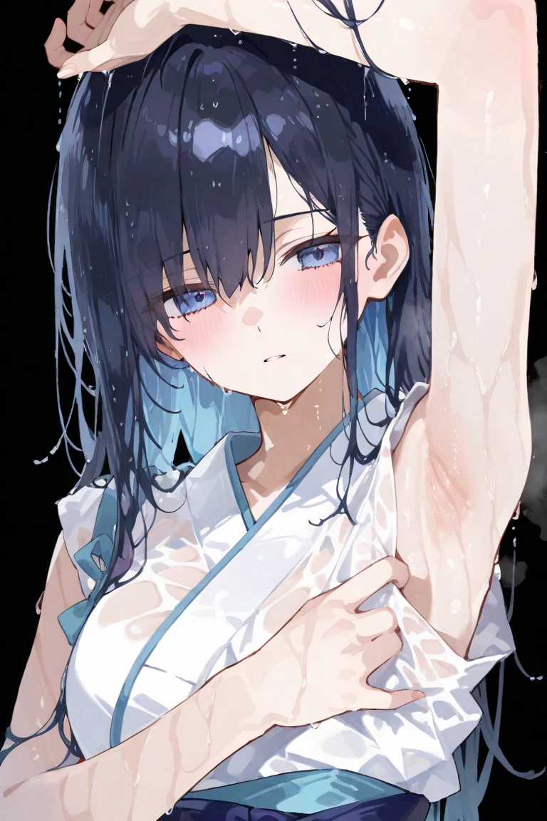 ((beautiful face)),1girl ,20s,mature female,short hair,blue hair,oni horns,(white background, line drawing),(((School Swimsuit))),runing,scared,holding two loafers,wet body.full body