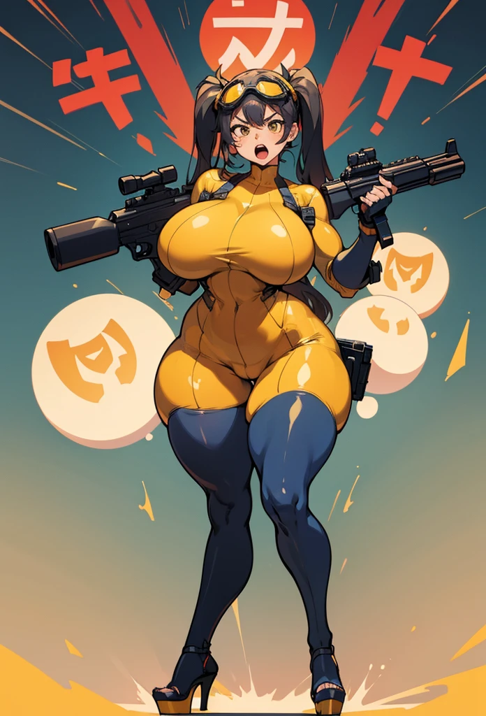 Slime girl, (slime), Slime hair Double buns hair style, Pumpkin Orange, weapon belt, Masterpiece, Best Quality, gigantic breasts, slime girl, slime girl, purple hair, lavender hair, yellow clothes, weapon belt around waistline, rifle, long rifle, AR-15 Rifle, assault rifle, exposed yellow bra, yellow clothing, wearing yellow clothing, fully body view, tight yellow dress, Rifle in hand, mature woman, gorgeous, perverted, sexy, yellow dress, exposed chest, exposed bra, exposed breast, black boots/heels, gold bracelets around wrist, holding rifle, aiming with rifle, tactical stance, tactical gear, sweaty body, long legs, tall woman, lustful yellow eyes, yellow lingerie, bent over position, bending over,