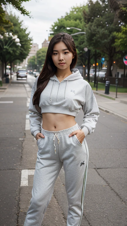 Hande Ece, large breasts, a gray sweatshirt and gray tracksuits
