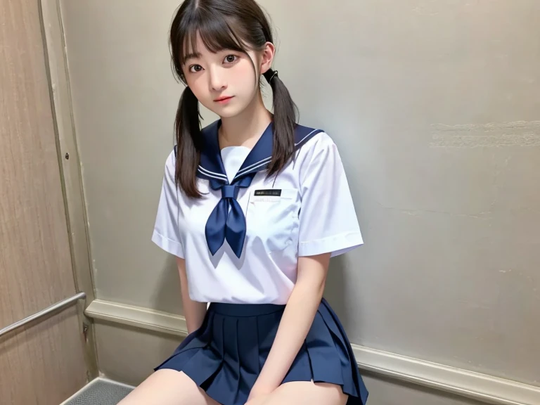 A beautiful female college student wearing a navy blue tight skirt and a blue shirt is , , and held captive in what appears to be a bedroom.