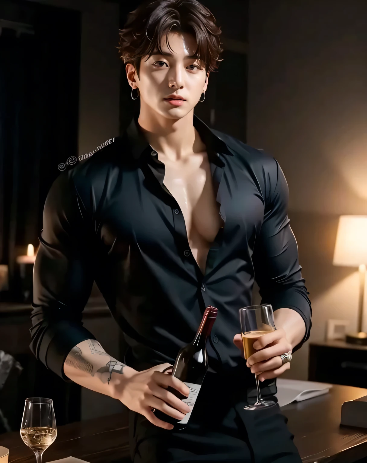 handsome Korean man with a goatee with strong blonde hair shirtless with a defined physique holding a glass of wine in black dress pants in a dining room at night, front view, k-idol, masterpiece