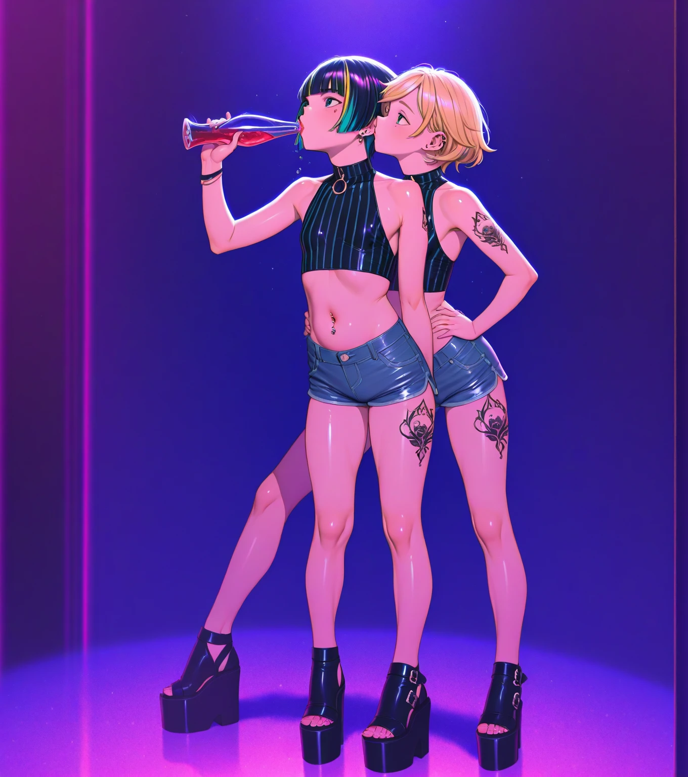 (intense atmospheric lighting, 80s inspired art style), dystopian, bar, (2 girls), girlfriends, (black hair, one-side bang:1.2, medium length), blue eyes, (blonde hair, ecchi, yuri), dark tone. kissing, faux leather outfits, infiltrated cops