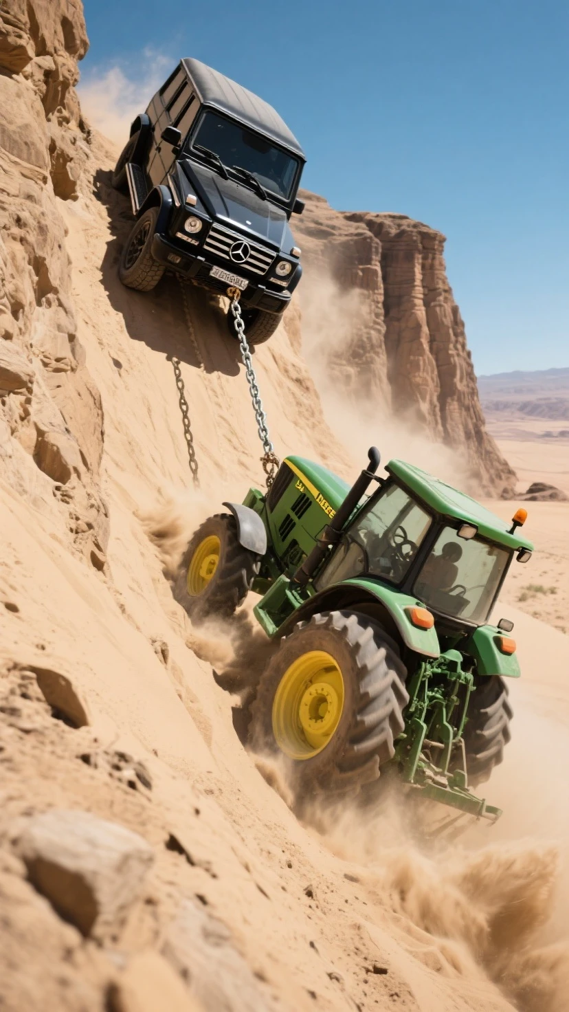 photo of a farmer driving green antique  farm tractor driving past  rusty tesla cybertruck stuck in a mud puddle  <lora:Tesla Cybertruck:.8>