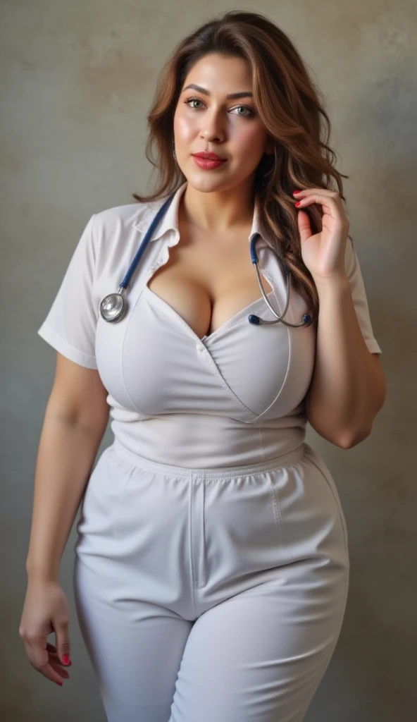 (1 Ultimate Beautiful Mature Nurse)、hyperdetailed face、Detailed lips、detailed eyes、double eyelids、((brunette bob hair))、(nurse's uniform:1.3)、(Glamorous body)、(Huge breasts)、smile、thighs thighs thighs thighs, Perfect fit, Perfect image realism, Background with: (Hospital Patient Rooms:1.2), Cowboy Shot, Meticulous background with, detailed costume, Perfect litthing、Hyper-Realism、(Photorealsitic:1.4)、8K maximum resolution, (​masterpiece), highly detailed, Professional