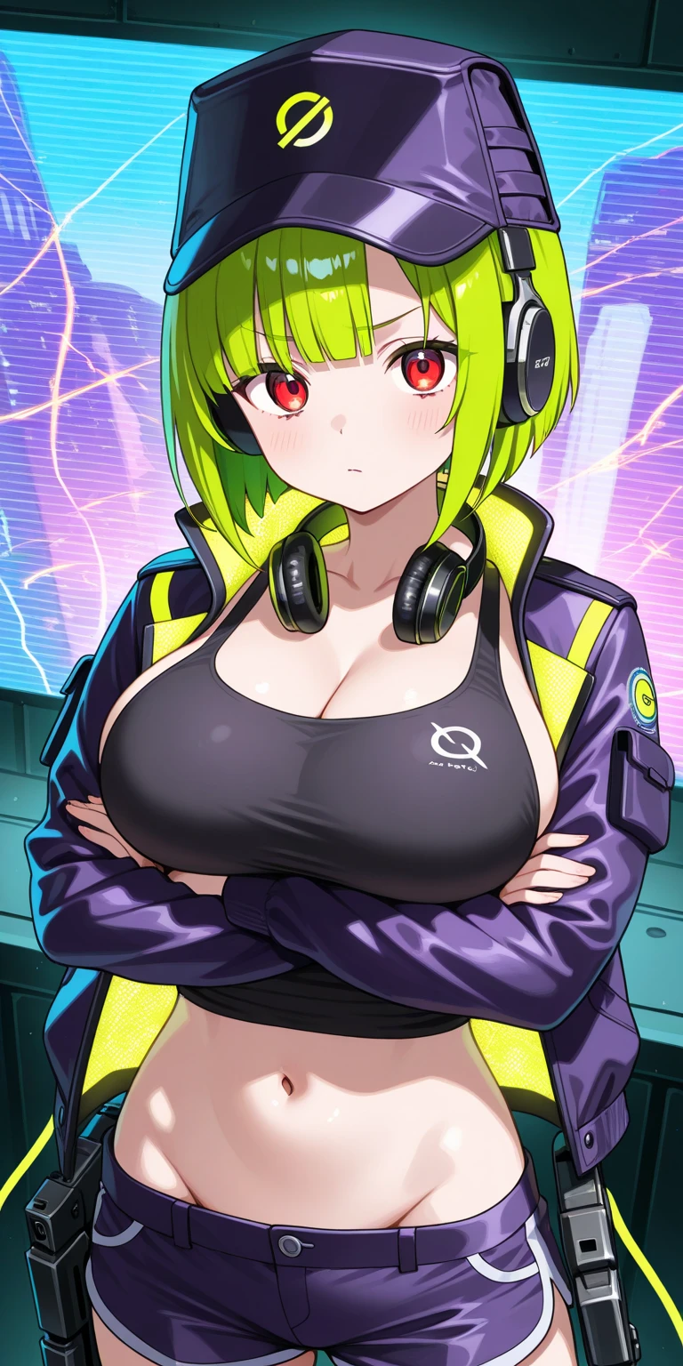 (((kipteitei art))), Masterpiece, high quality, best quality, beautiful, HD, perfect lighting, detailed face, detailed body, ((1girl)), ((solo)), ((green hair)), very short hair, (messy hair), pink eyes, looking at viewer, happy, ((blush)), excited to see viewer, nervous smile, fidgety, tank top, leggings, ((skintight leggings)), ((undersized clothes)), head set on, choker, arm warmers, large breasts, cleavage, perky breasts, (((((wide hips))))), ((fat ass)), (((thick thighs))), ((pudgy)), pudgy belly, (fat rolls), (belly hang), ((belly hangs over leggings)), (((belly grab))), futuristic apartment, far future, futuristic buildings, outside, street, cyber-punk, neon lights, dynamic angle, 20 year old girl,