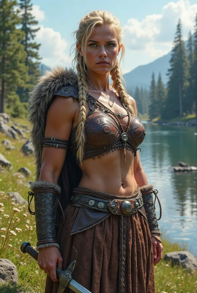 photograph, wide shot photo of a viking woman wearing fur and wielding <lora:AXE:0.6> an axe walking across the tundra, [blonde hair | ginger hair], [crop top | wearing fur], battle axe, holding an axe, norse,
broad, muscular, fierce expression, blue war face paint, fur clothing,
Norway, Iceland, Scotland, wide shot,
<lora:epiCRealismHelper:1>