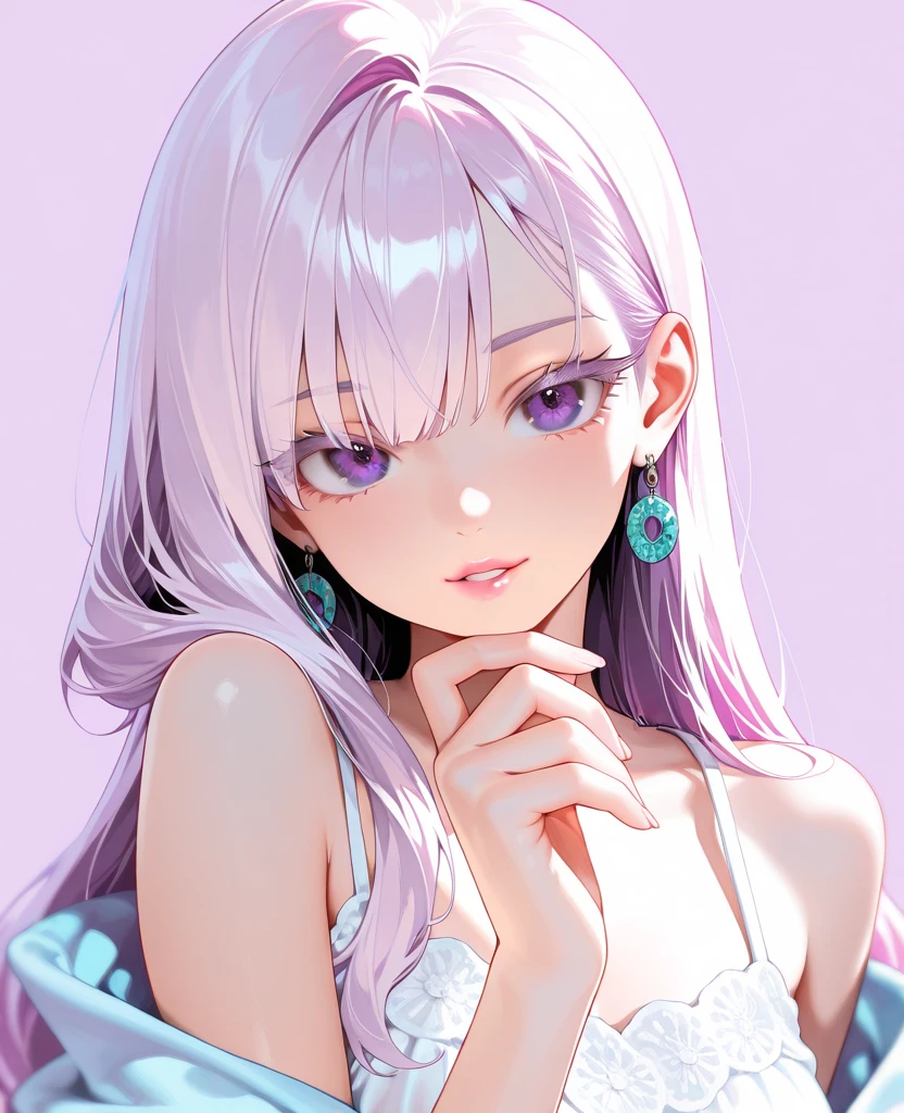 karya agung,best quality,ultra high resolution,photo realistic,8k uhd,is very detailed,depth of field,Solo, 1girl ,looks towards the audience,Ponies,rambut ungu, ,long hair,pastel purple background,simple background,Purple eyes,thick eyelashes ,Gentle gaze , Split Lips , pink lips ,perhiasan, earring , kalung , warna spot ,summer dress, bare shoulders ,folds of fabric detail,graceful posture,hand up,kuku ungu,finger on chin,Neutral color palette,