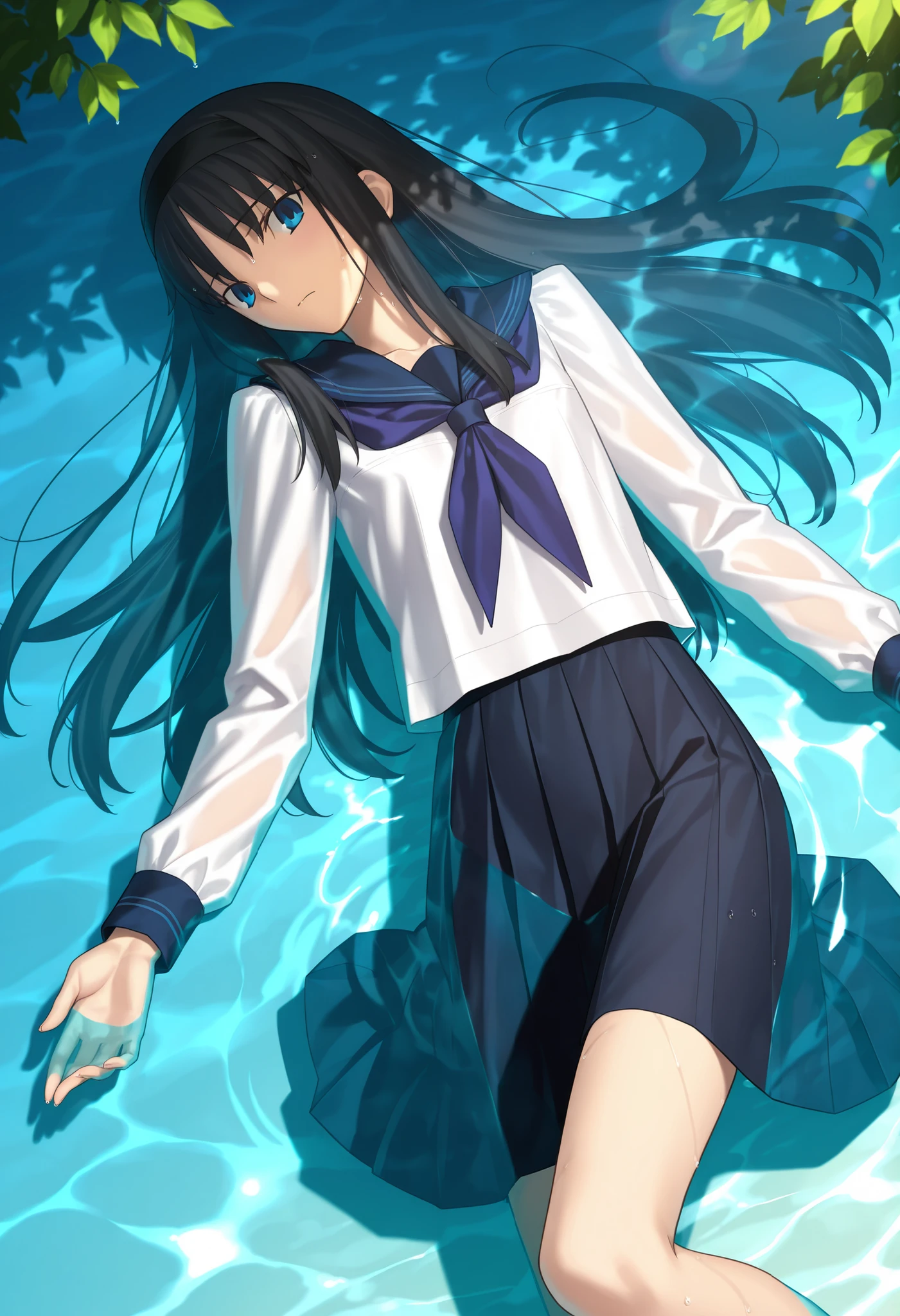 ,masterpiece, , absurdres, highres, detailed background, high resolution, masterpiece, necessary, detail, best quality, quality, necessary, details, High details, Precise, dark, outdoors, ,((dappled sunlight, evening)), , lens flare, blurry background, from above, cowboy shot,
1girl, , Takeuchi Takashi (type-moon,tsukihime) style, takeuchi takashi style, (((completely submerged, in water, :1.5))), wet body, ((lie down, on side)),
tall girl, slim body, , Akiha_Tohno, (tsukihime), black hair, bangs, long hair, blue eyes, long sidelock, black headband, straight hair, tsurime, bare legs,
( ), , school uniform , sailor collar , serafuku , blue shirt , long sleeves , purple neckerchief , blue neckerchief , black skirt , pleated skirt ,, (small breasts, flat chest), light embarrassed, looking at viewer, ,,