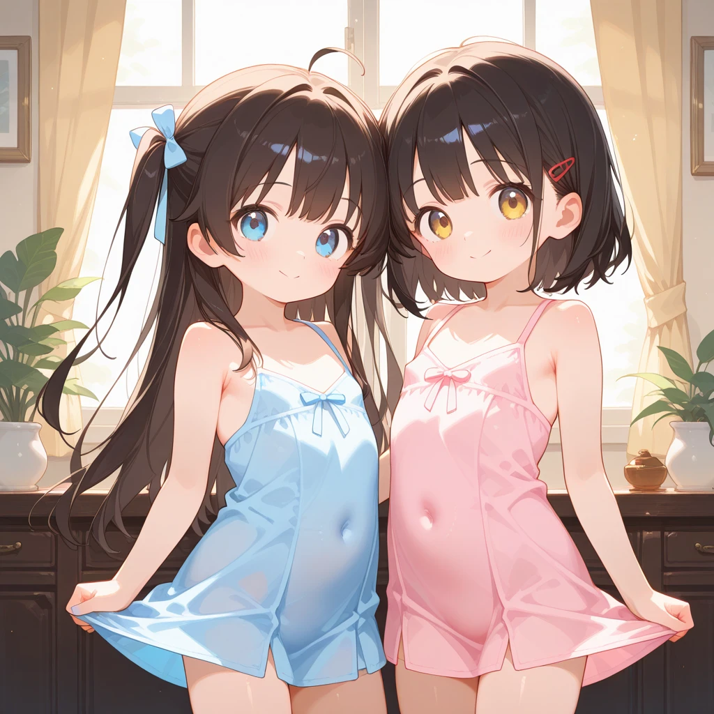 Hands Behind Back,Tied with hands behind back,from front,front view,looking at viewer, looking ahead,from above,cowboy shot,2girl,Beautiful 11 year old girl,Japanese,Slender,,low length,Small breasts,Thin legs,Small Ass,Baby Face,Small face,Black Hair,Row Twin Tails,Gray Eyes,Drooping eyes,middle School girls,Sheer nightgown,Sexy Lingerie,open mouth,tongue out,front face,Kneeling,Straight Stand,Beautiful and detailed anime art,Looks like you want,Sexy vibe,cum on tongue,Dimly lit room,On the bed,Simple Background,Gray background,Low lighting,