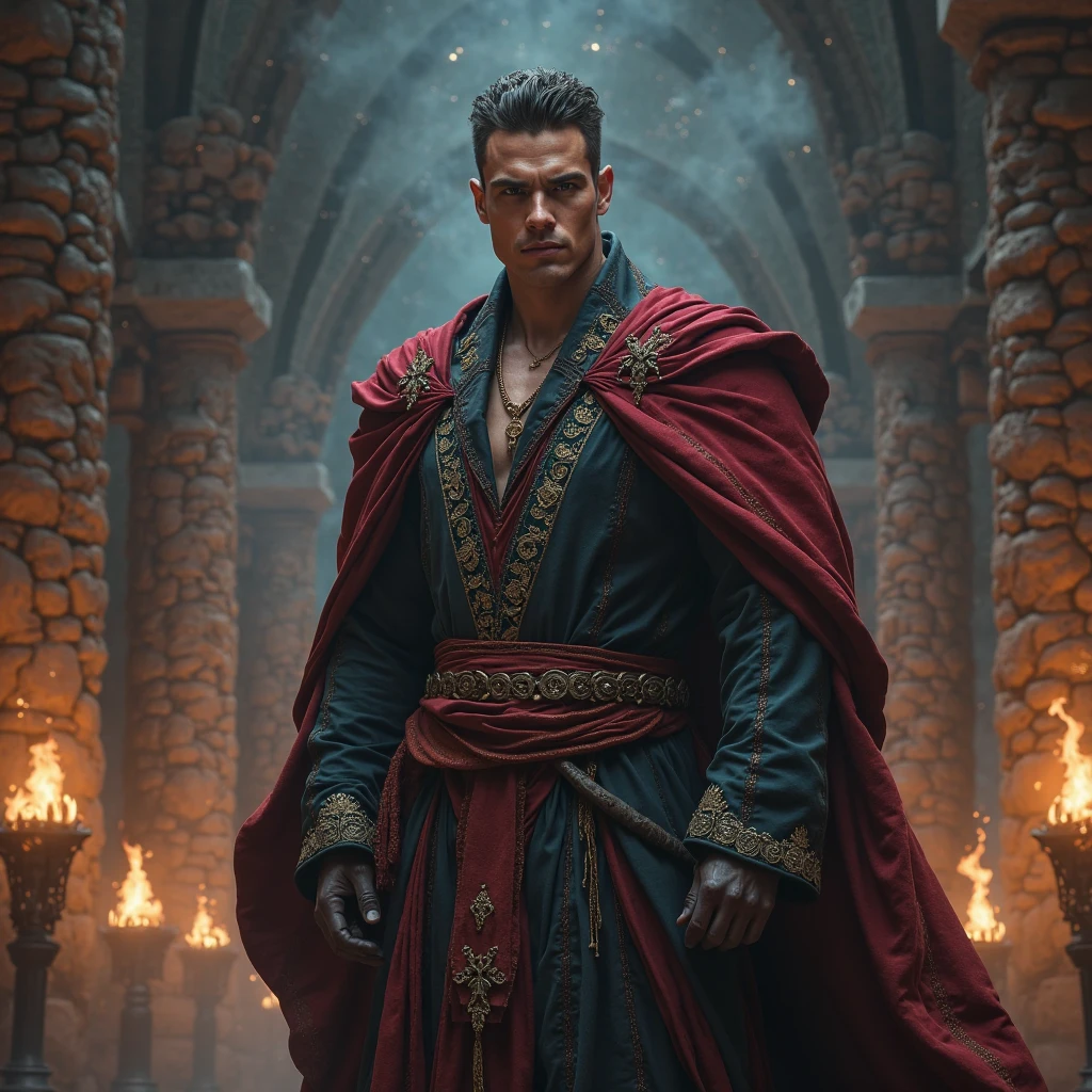 a muscular handsome young wizard, matthew daddario, extremely detailed face, looking at the viewer majestically, blood red wizard robe, a wood wand with a blood crystal, sexy look, wizard hat, smooth skin, standing on a blood lake, doing blood magic, solo, only one man,