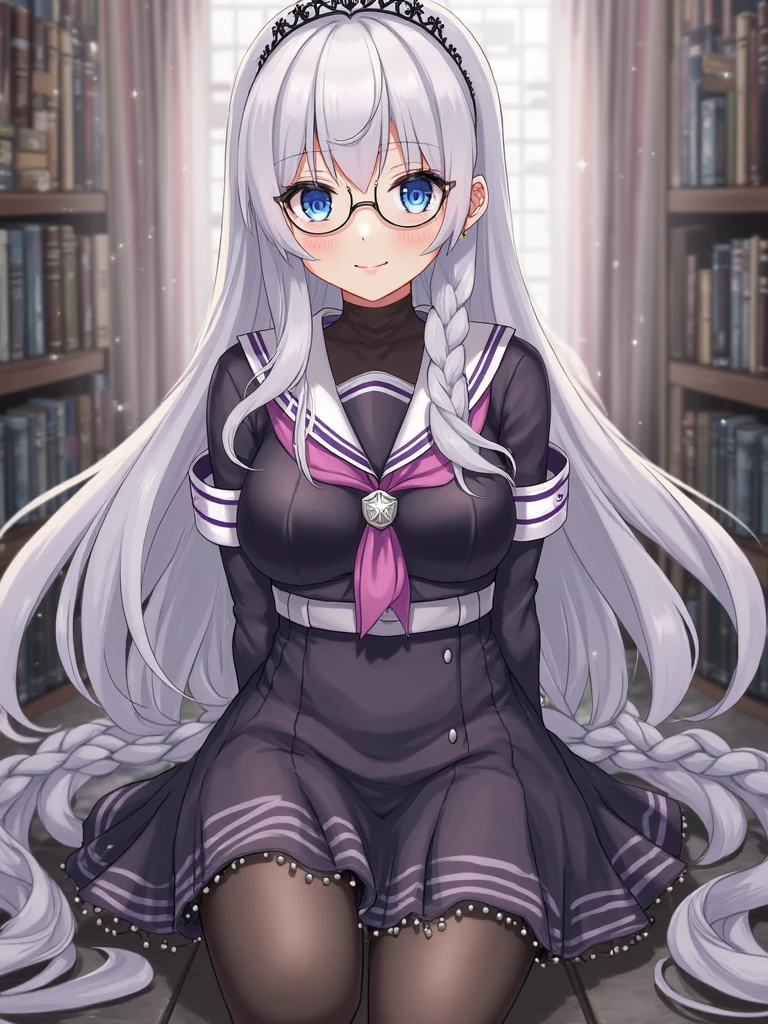 (height difference: 1.5), (size difference: 1.3), (a miniature woman in front of the breasts of a tall woman: 1.1), (a giantess miniature woman standing up to a giantess: 1.2), cleavage, tall skinny, school, serafuku, (nerdy girl), closeup breasts and face, school locker room or classroom background, bright hair, bright eyes
