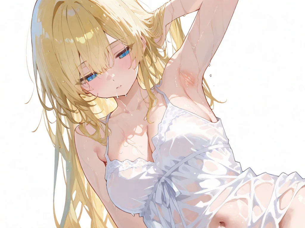 One Girl、Short、Blonde Hair、long hair、Purple Eyes、Horizontally cut straight bangs、Upper Body、△ Mouth、Sulky look、Watching the audience、Completely naked、Small breasts、Nipples、belly button、Simple Background、Are standing、Front view、