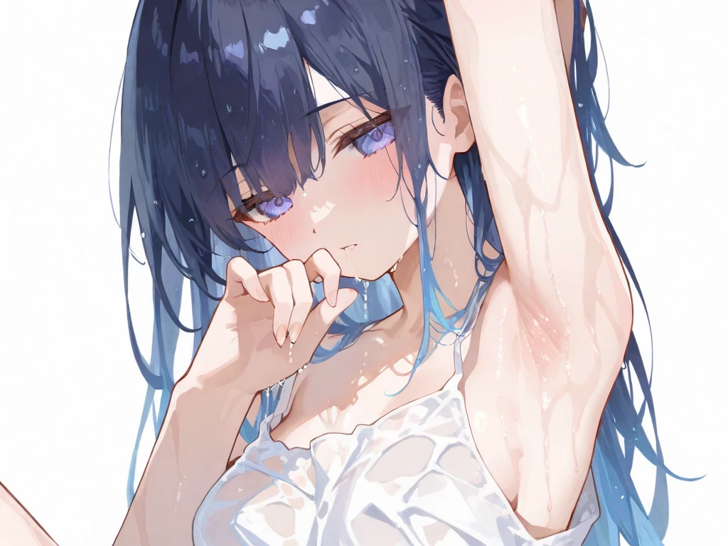 1girl, masterpiece, best quality, extremly detailed, Cinematic lighting, intricate detail, highres, official art, finely detailed beautiful face and eyes, high resolution illustration, 8k, dark intense shadows, overexposure, ((underwater)), long hair, black hair, purple eyes, glowing eyes, swimming, water bubbles, (white shirt), overfit, long sleeves, from below, navel, big chest, fluttering hair, fluttering clothes