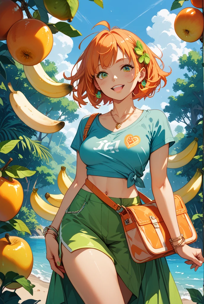 Ally is a young girl with green eyes and orange hair that curls in the back. She appears to wear a somewhat elaborate mini dress or long sleeve shirt, mixing both dark and light shadings of green with a yellow pattern. She wears a necklace with a purple stone, known as the Pendant of Luwa. She wears yellow tights or leggings and green boots with stylized wing patterns.
Ally's swimwear is a green bikini. She also has pink heart-shaped sunglasses.
As a Power Ranger, she wears the Green S.P.D. Ranger outfit. SPARKLE; GLITTER