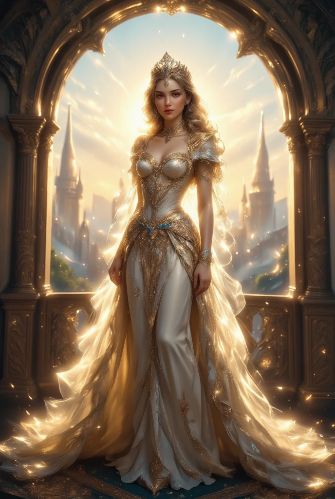 An incredibly beautiful young femme fatale blodinka with blue eyes, long luxurious golden hair gathered in a delightful hairstyle, decorated with a tiara, jewels, she has long bangs, a beautiful antique golden robe, many incredible jewels, she is a deity, standing in the middle of a dilapidated temple in a filled font, a fire is burning around, a strong wind, they emits a body of magical light. Realistic image. Masterpiece, perfect image, realistic photos, full-length image, 8K, detailed image, extremely detailed illustration, a real masterpiece of the highest quality, with careful drawing.