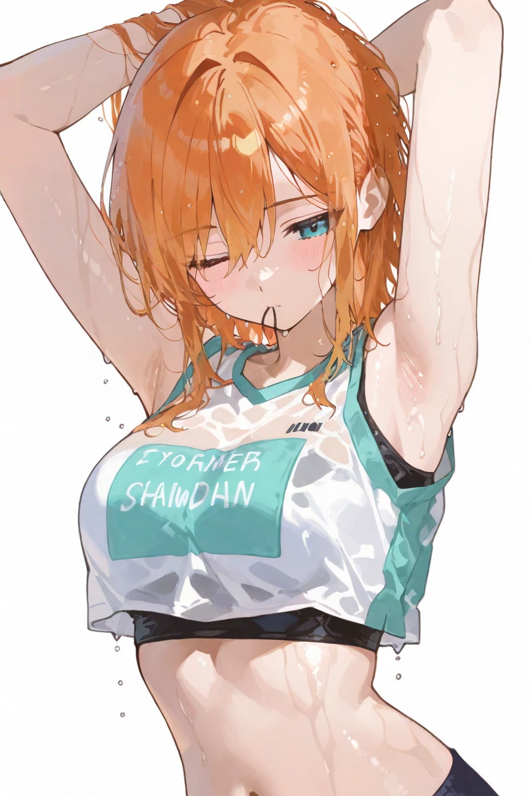 Browsing Caution,(Petite),((Cute man's daughter)),(Breast size Sea Cup),((Groin bulge)),seiza,Blonde woman with low pigtails,lips,Sweat,White Breath,Tank top,The gaze of the viewer,Changing clothes