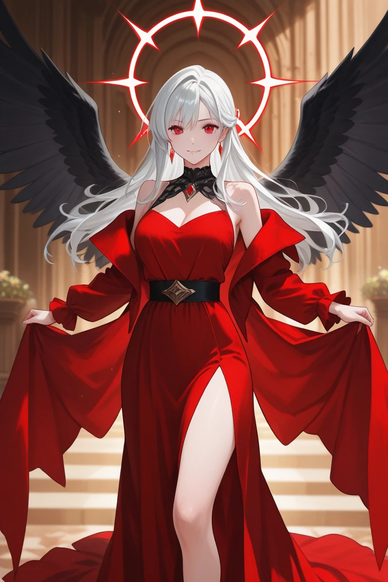 beautiful vampire girl. super beautiful body. (full body). ((Angel Wings)). (((holding a magical Trident))). red dress. red high heels. crown. red shine. red necklace. white hair