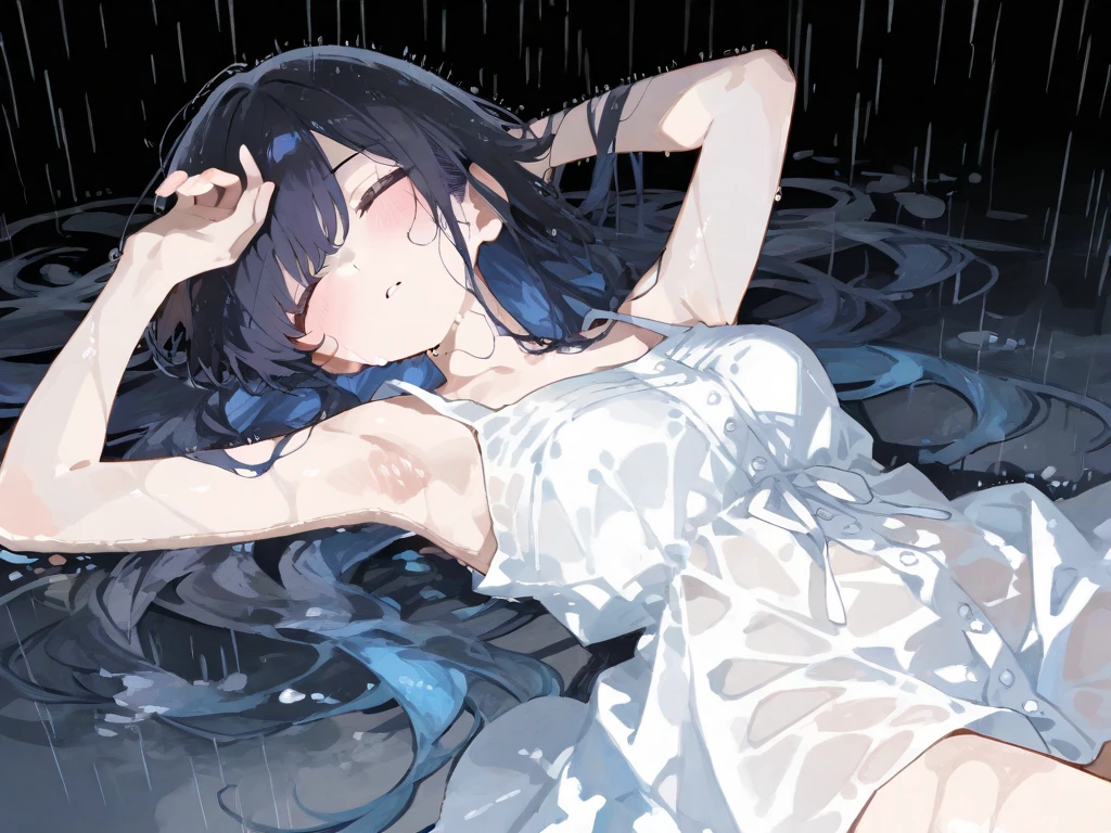 1girl, masterpiece, best quality, extremly detailed, Cinematic lighting, intricate detail, highres, official art, finely detailed beautiful face and eyes, high resolution illustration, 8k, dark intense shadows, overexposure, ((underwater)), long hair, black hair, purple eyes, glowing eyes, swimming, water bubbles, (white shirt), overfit, long sleeves, from below, navel, big chest, fluttering hair, fluttering clothes