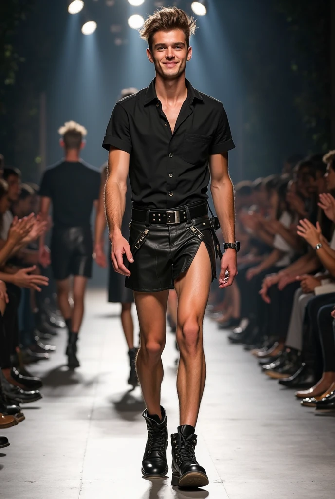 1 man walking the runway at a fashion show, shirtless, flat chest, handsome,, photographer Bruce Weber, lean, skinny, thin thin thin , blond hair military haircut, lean lightly muscular, red bandana around neck, , runner build , medium height, blue eyes, nasty dirty minded male hustler, male escort male prostitute vibe, looking for new male client ls, wants money now,. Pierced and big ?????? rings, formal posture, formal walking style, hands to his sides, not singing, looks at camera, flare lens, super high resolution photo, several gold chains around his neck, looks like a white rap star, , photorealistic, perfect body, male , realistic clothing, in clothes! highly detailed, , highly detailed full body, full body wearing blue denim short shorts highly distressed and faded, shirtless, white high top basketball shoes brand new clean and white with red shoelaces, white crew socks, runner build, lean muscles show on his toned hairless body, lightly sweating reflecting in the runway lights, best quality photo, , real-life person, real scene, no anime characters, expensive denim short shorts purple highly distressed and faded and torn, sexy, confident, cocky, looks directly into camera, flirting with camera,, dressing like a street Only 1.man. one man only.
