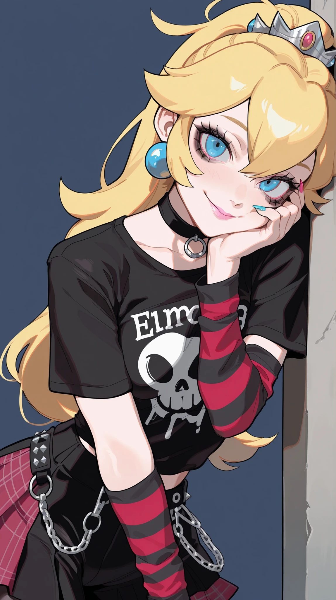 masterpiece, best quality, amazing quality, newest, very aesthetic, 1girl,princess peach from \(mario\),emo outfit,emo make up,looking at the viewer,smile,leans toward the viewer,close