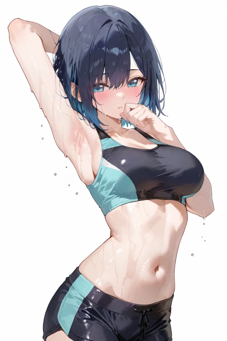 Beautiful girl, short hair, boyish, sexy, big breast, wearing sports bra, shy, hot, swimming, embarrassed, angry, big breast, shy expression, tight sports bra, squeezing her breast, cleavage, shy, very mad, dynamic pose, pose, shy pose, underwater, water, angle pose, dynamic shot, water