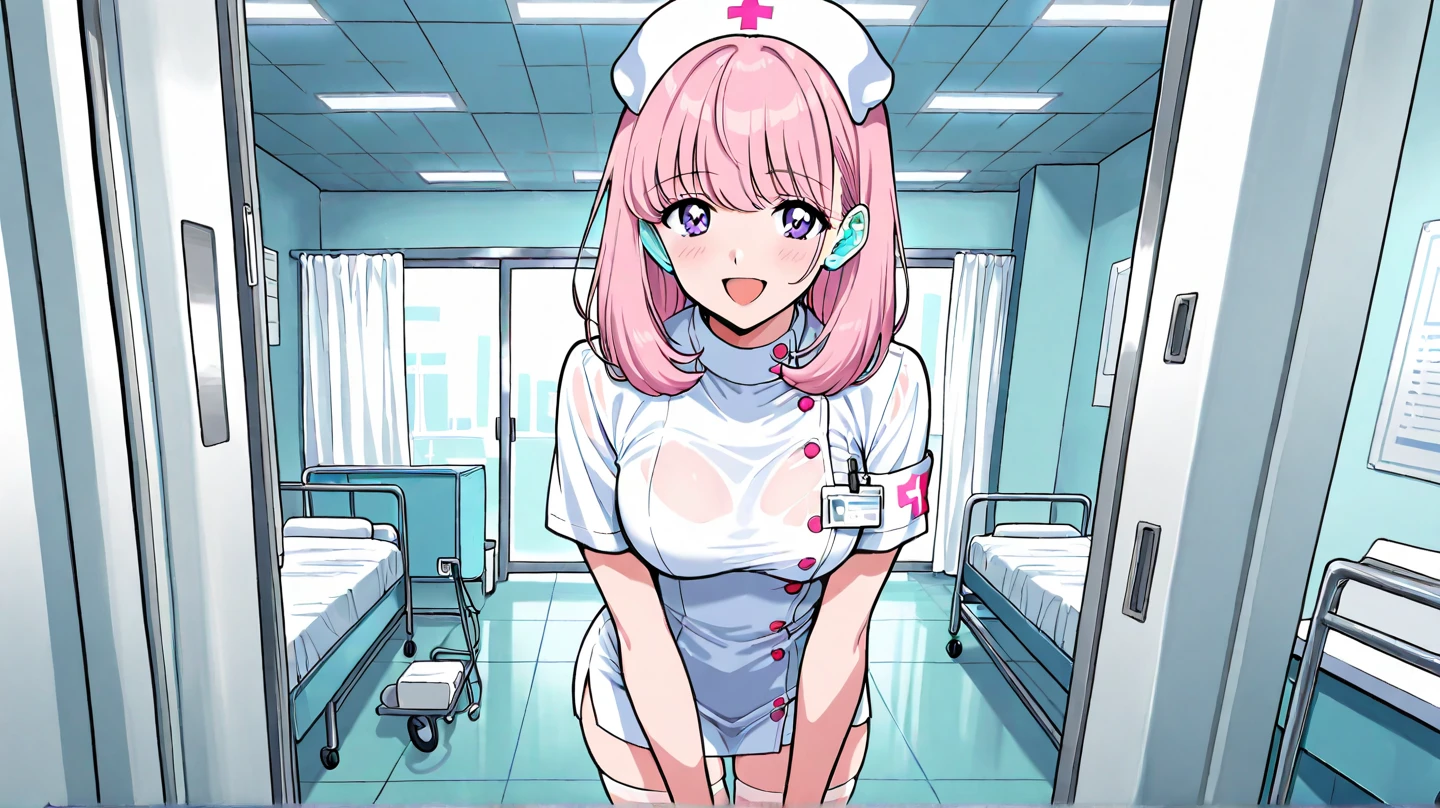1 female, alone, nurse, nurse cap, Whiteware, ((white legwear, zettai ryouiki)), white gloves, pink hair, green eyes, droopy eyes, pink lips, smile, Are standing, ((hospital room)), sharp outline, short sleeve, mature woman, 32 years old, highest quality, masterpiece
