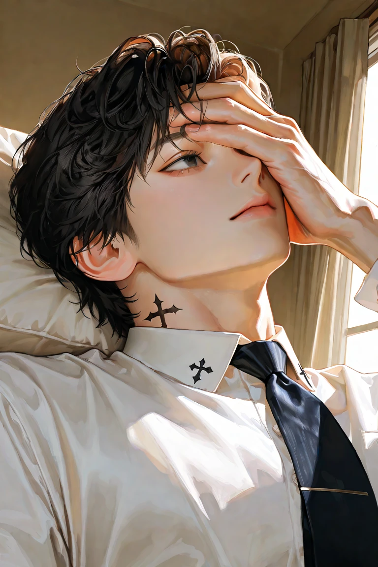 brown eyes, sexy boy, (((cute and wet white shirt)) ), extremely detailed, hyper detailed, (((perfect face)), soft lighting, ((best quality)), cute face, (wet white semen ),(( 1 boy)),((fair skin, black hair, Shiny highlights on eyes, bulging crotch,His Chest are tingling,erotic.)),men, human ,only boy,((boy 16 year old)), horny boy,