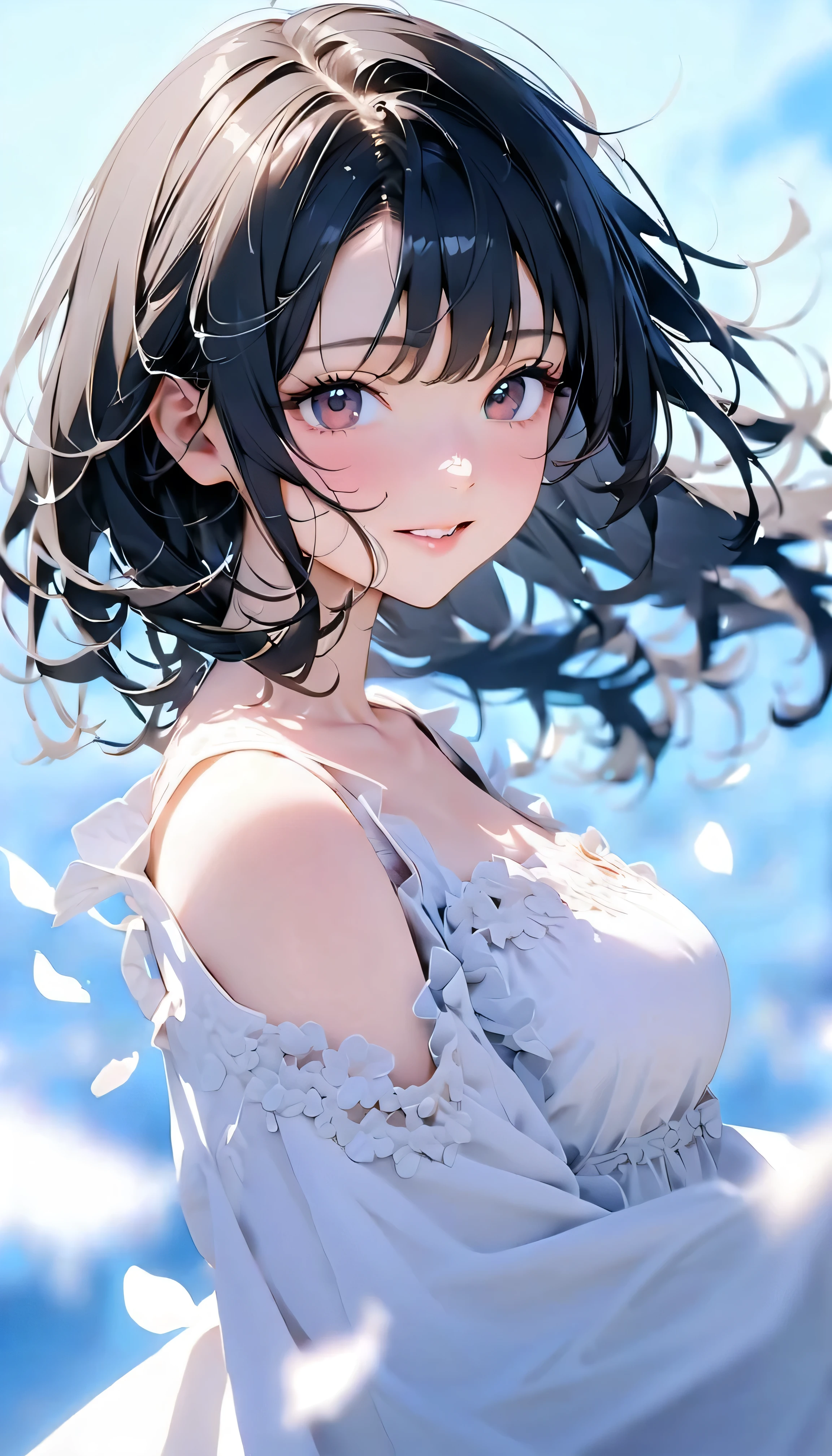 (Highest Quality:1.2, 非常にdetailsな, newest, Highest Quality, Best Aesthetics), 8K Ultra HD, 非常にdetailsな, details, bold configuration, (perfect human structure), beautiful and very delicate texture, (masterpiece:1.2, Highest Quality, Best Aesthetics, wind), (white petals dance:1.2, fantastic blue sky background:1.4), (shallow depth of field:2), windでwhite petals dance, delicate and dynamic, (Light reflection:1.2), (Halation of light:1.2), Romantic and sweet style, コンセプトアートwind, Blessed Virgin Mary white dress, bright light, Beautiful World, New World, accurate, dynamic angles, angel, 1 woman, upper body shot, black hair, , dark eyes, young, textured skin, shiny skin, charming smile, Girl Beauty , Miraculous Beauty Symbol, ((( white dress with lavish embellishments:1.2))), 2.5d, realistic