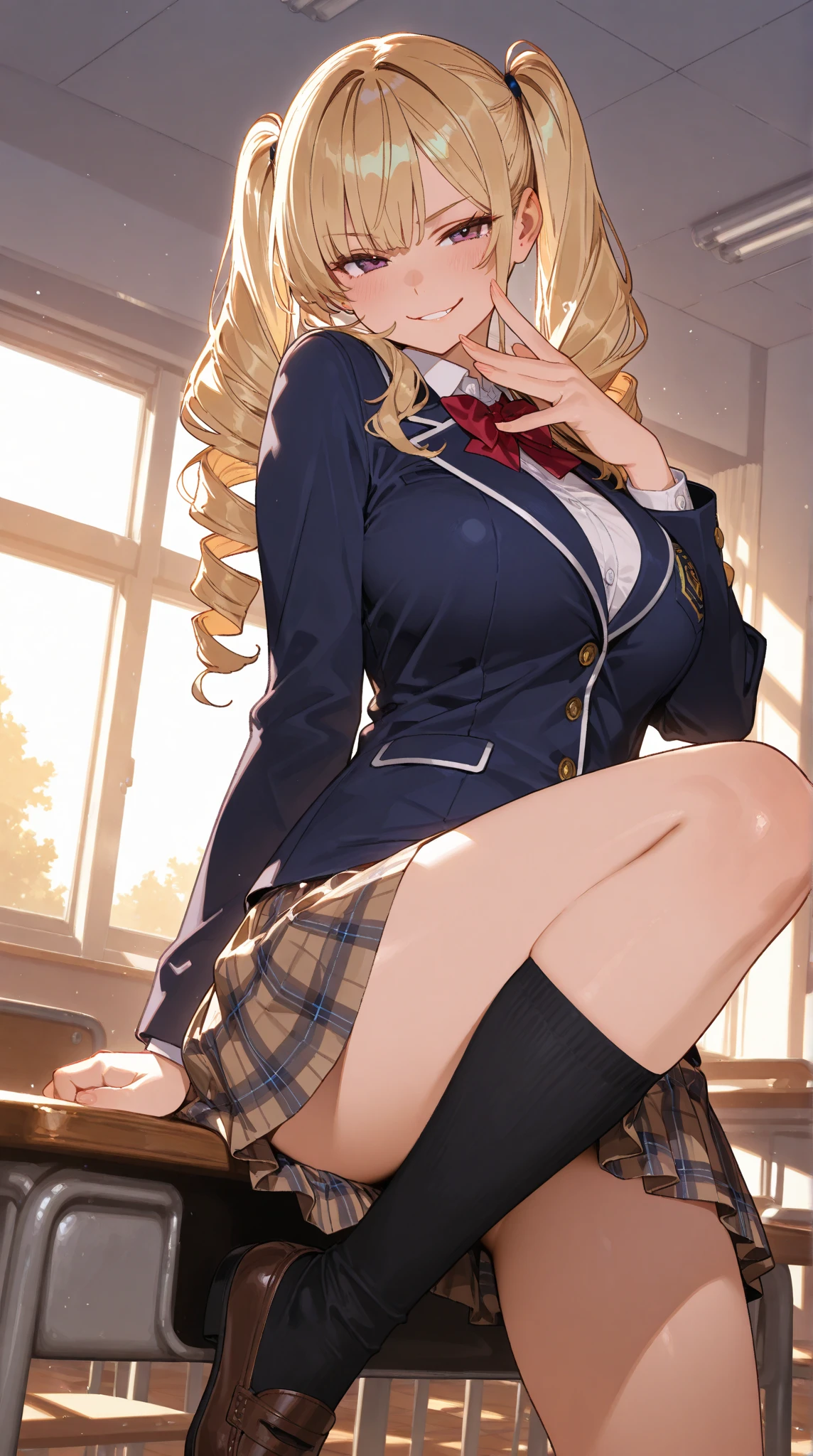 nswf,Arisburg, Alice Zusberg, bangs, blue eyes, Blonde, Hair between the eyes, Very long hair, Braiding, hair band, 白いhair band,((Blazer and Checkered Pleated chool uniform)) Cute girl with undisputed body、[3D Images:1.25],[[Attractive eyes,Detailed eyes、Colorful eyes、Shining Eyes:1.25]]、 highest quality, High resolution, Unity 8K Wallpaper, (figure:0.8), (Beautiful fine details:1.16), Highly detailed face、Dress appropriately, Beautiful fingers、 Elegant,Ultra-precision、[[3D Images]]、[[High quality anime girl with brown hair and brown eyes]]、(((頭からつま先までの構figure)))、(Black knee-high socks)、(loafers)、((skirt lift:1.3))、(((White panties are visible)))、((open legs:1.5))、(((Raise both knees:1.4)))、((((Squatting pose))))、blush、(((Sitting)))、((((Normal position):1.5)))、((Detailed depiction of the crotch))、((Spread your legs wide:1.5))