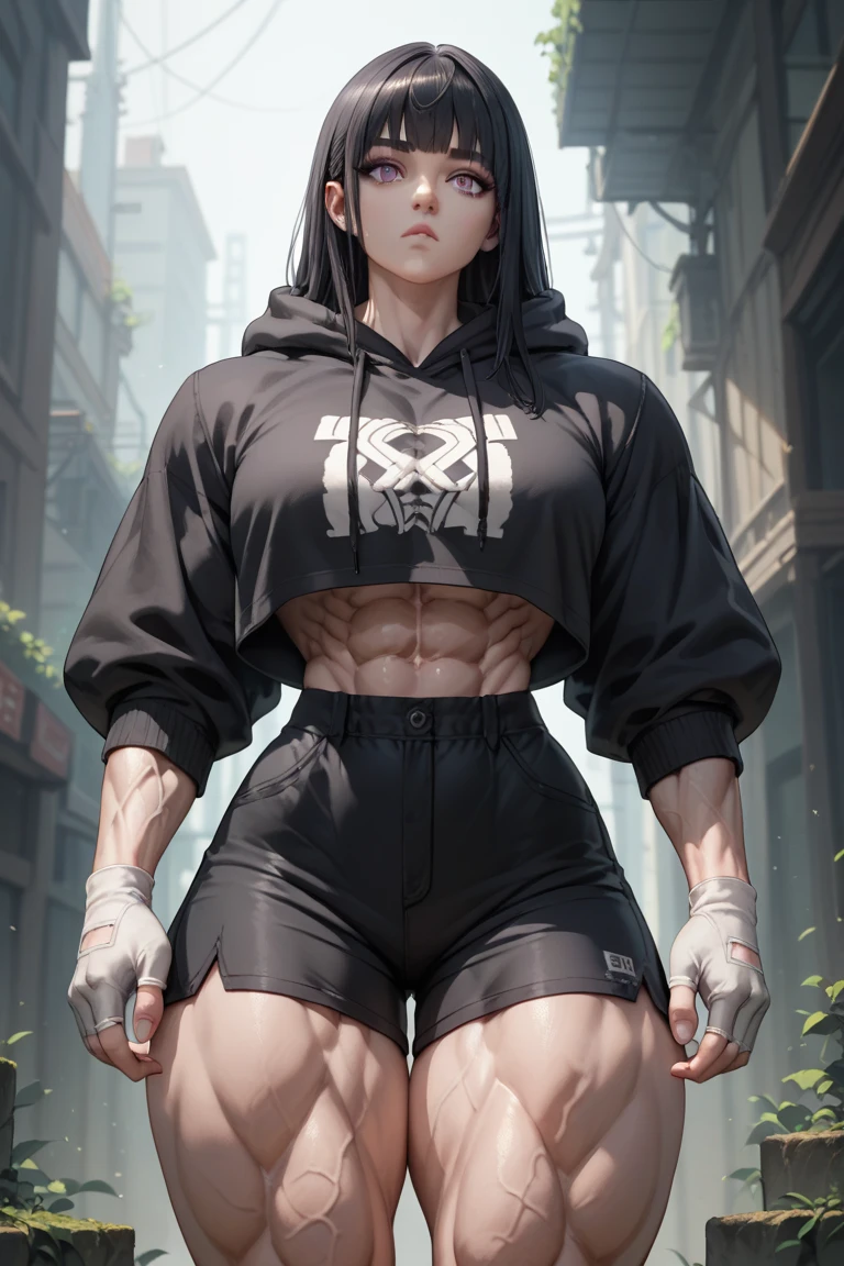 ((((((muscular 1 girl)))))), huge breasts, toned body, black hair, pale skin, yellow eyes, very long hair hoodie sweatpants, navel, tight clothes