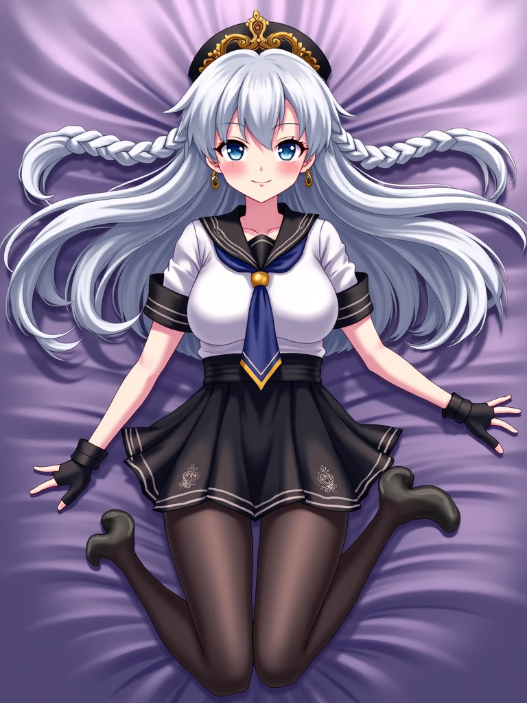 laying on the bed with legs raised, 1girl, anime girl, silver hair, long twintails, silver eyes, dark blue crop top school suit, black skirt with white line