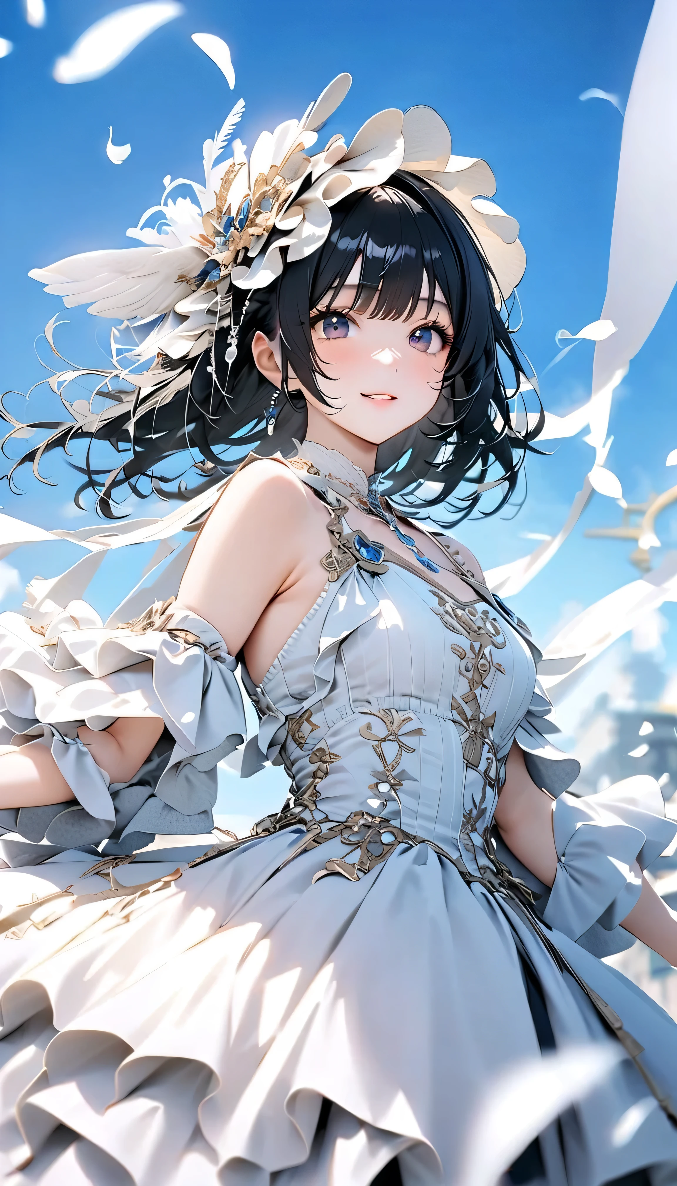 (Highest Quality:1.2, 非常にdetailsな, newest, Highest Quality, Best Aesthetics), 8K Ultra HD, 非常にdetailsな, details, bold configuration, (perfect human structure), beautiful and very delicate texture, (masterpiece:1.2, Highest Quality, Best Aesthetics, wind), (white petals dance:1.2, fantastic blue sky background:1.4), (shallow depth of field:2), windでwhite petals dance, delicate and dynamic, (Light reflection:1.2), (Halation of light:1.2), Romantic and sweet style, コンセプトアートwind, Blessed Virgin Mary white dress, bright light, Beautiful World, New World, accurate, dynamic angles, angel, 1 woman, upper body shot, black hair, , dark eyes, young, textured skin, shiny skin, charming smile, Girl Beauty , Miraculous Beauty Symbol, ((( white dress with lavish embellishments:1.2))), 2.5d, realistic